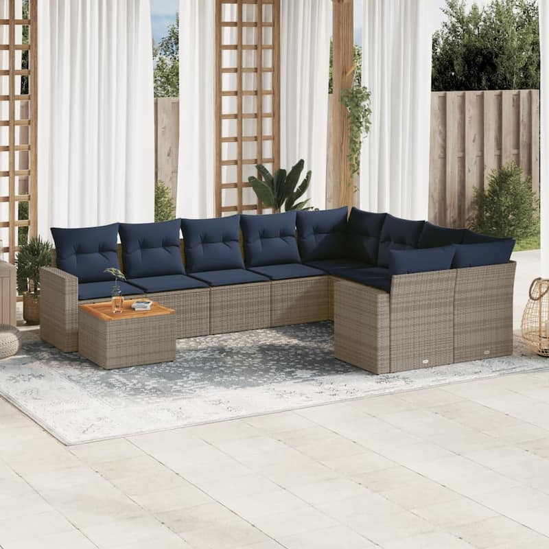 vidaXL 10 Piece Patio Sofa Set with Cushions Black Poly Rattan - 24.4" x 24.4" x 27.2" - Grey - form4