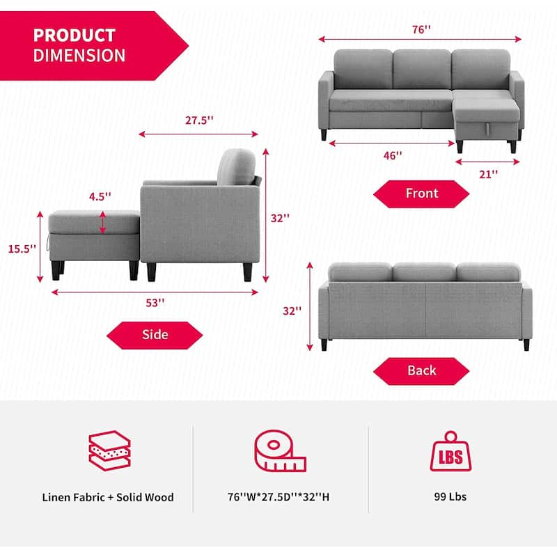 Mixoy 78"Sectional Sofa with Ottoman, Free Combination L Shaped Sofa Couch Set