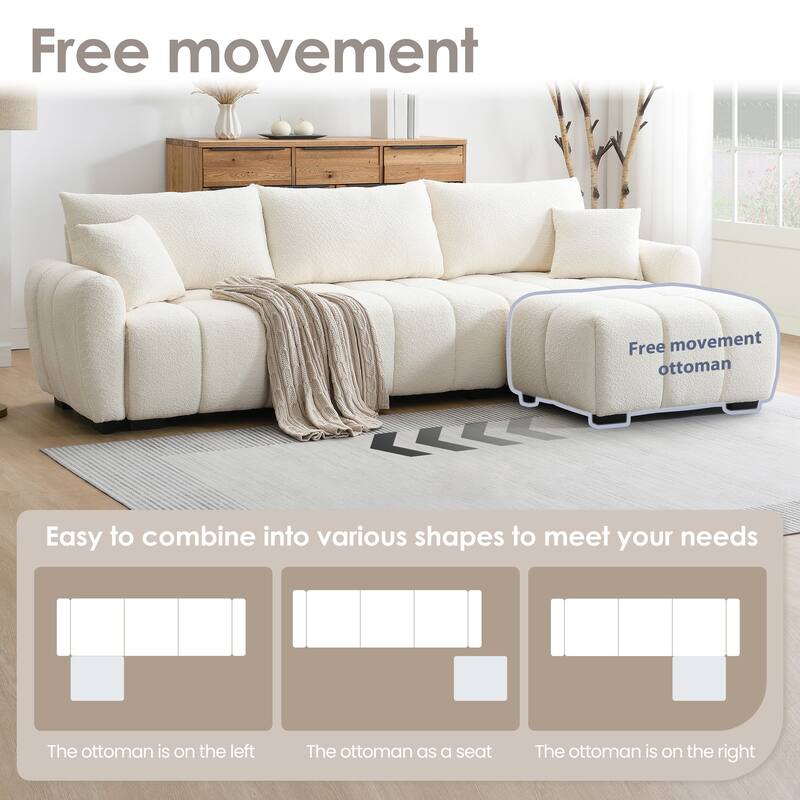 110" Modular L-Sectional - Boucle Fabric, Pull-Line Design, Movable Ottoman, 3 Color Options