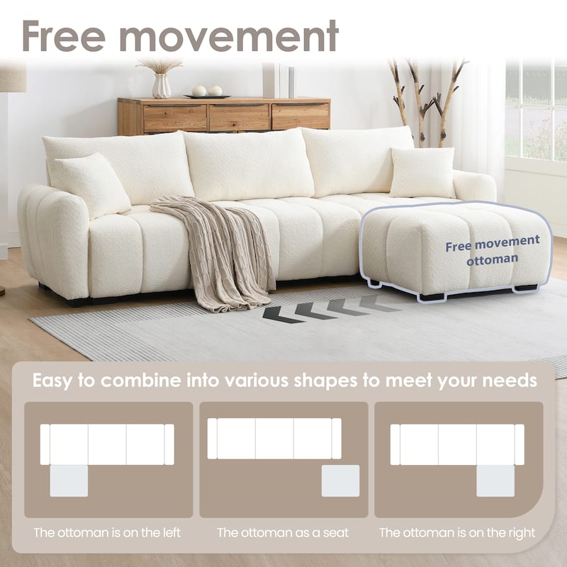 110-In Boucle Modular Sectional Sofa with Movable Ottoman, 3 Colors