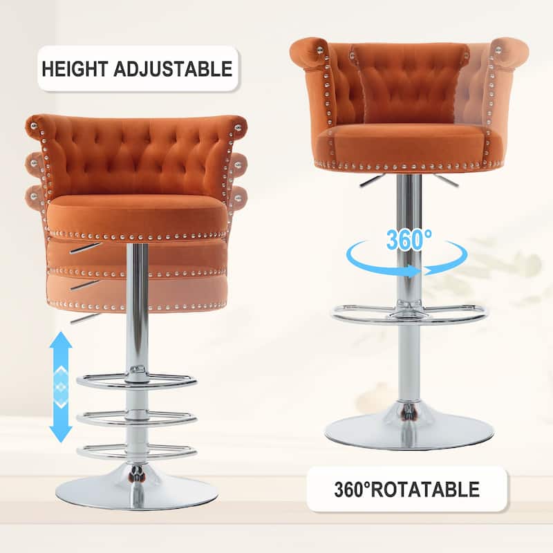 Velvet Upholstered Bar Stool Set of 2, Adjusatble Height Swivel Bar Stools, Dining Chairs with Curved Backrest & Footrest