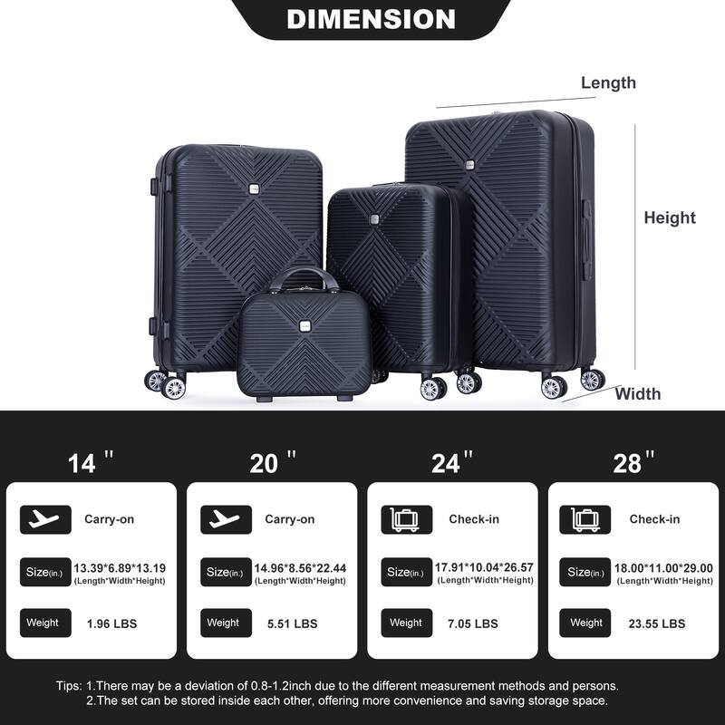 4-Piece, Modern Lightweight Luggage with Adjustable Pull Rod and 360° Airplane Wheels, for Boarding Travel, Black