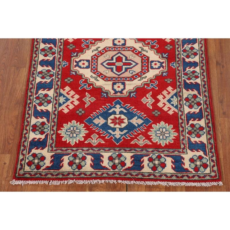 Oriental Kazak Accent Rug Hand-Knotted Geometric Red Wool Carpet - 2'10" x 3'11"