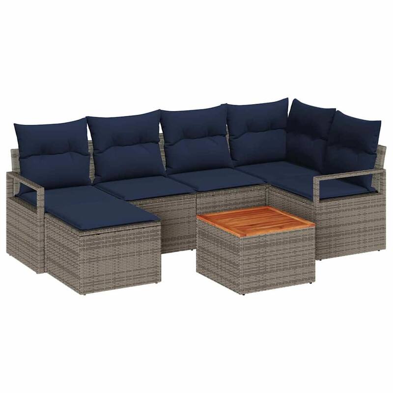 vidaXL 7 Garden Sofa Set with Cushions Black/Grey Poly Rattan - 91.3 x 48 x 27.2