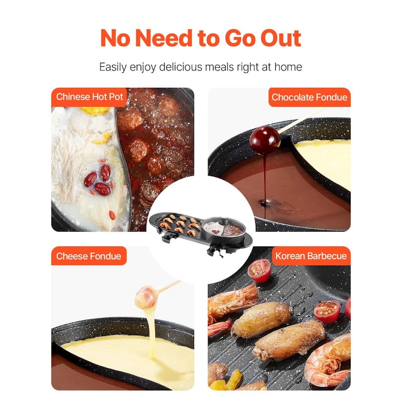 Black Hot Pot and Grill Combo Electric Cooker 2200W with Stepless Heat Control and Non-Stick Coating - 26.78 x 11.14 x 6.46 in