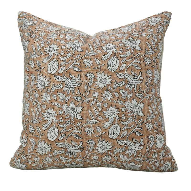Fabdivine Floral Pillow Cover Heavy Linen Block Print for Living Room Chair Patio Office or Bedroom Decor, Manikarnika - Manikarnika- Light Brown - 14" x 20"