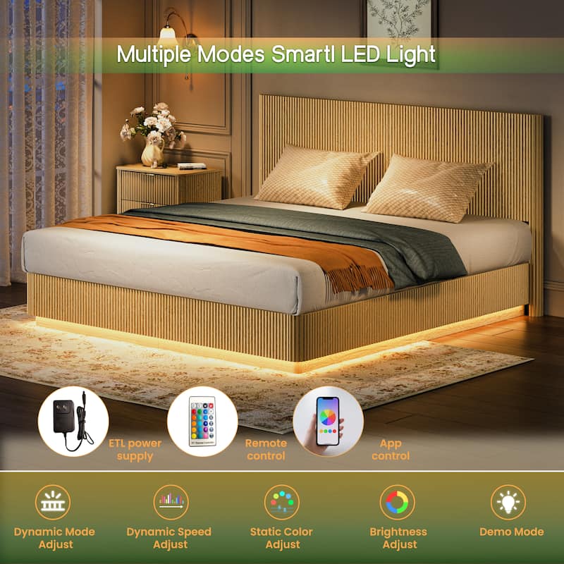 Low Profile Bed Frame with High Headboard, LED Light Strip Under Bed, Wooden Corrugated Curved Platform Bed, Metal Frame Support