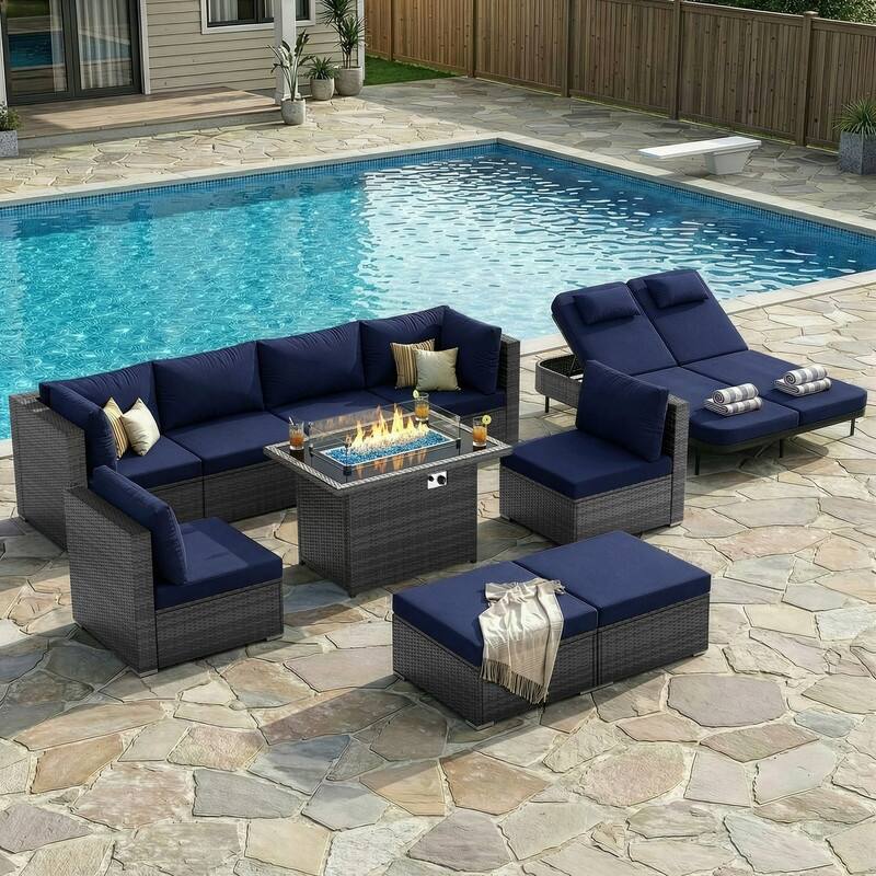 Outdoor Sectional Conversation Set PE Wicker with Double Chaise Lounge, 60,000 BTU Fire Pit Table - 10-Piece/Ottoman - Navy