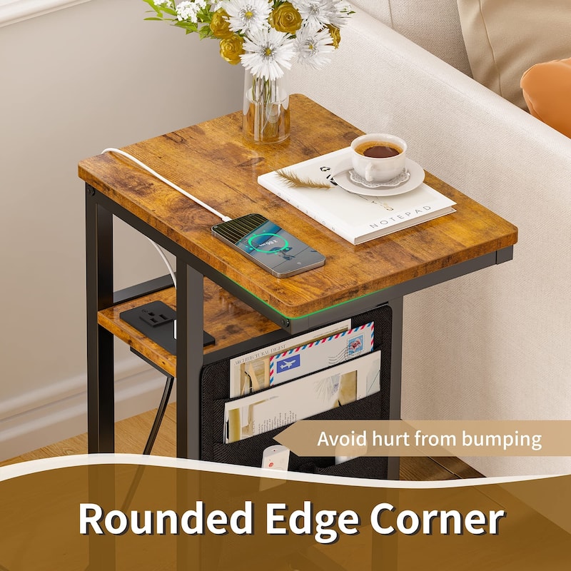 C Shaped End Table with Charging Station, Side Table with Storage Bag ...