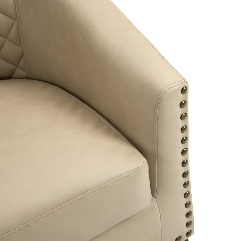 Modern Leather Nailheads Trim Barrel Accent Chairs with Wood Legs