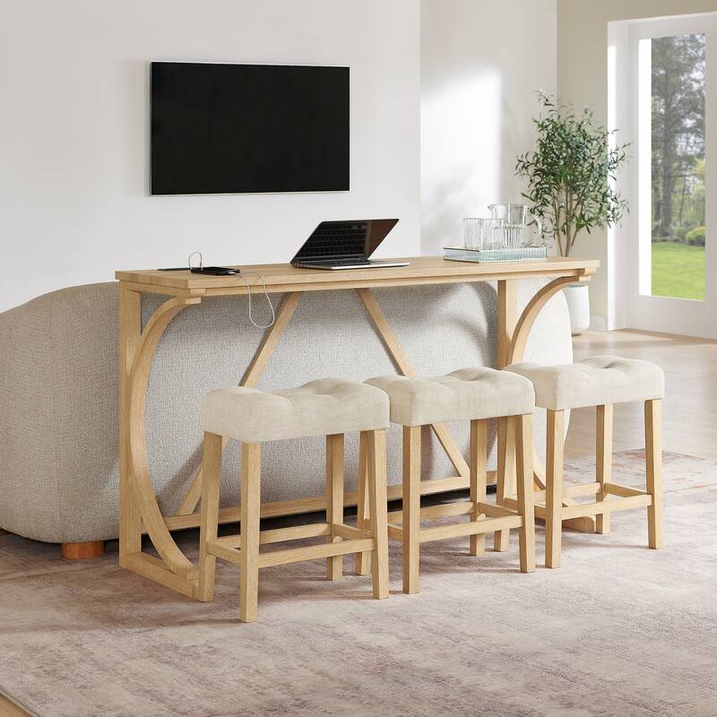 59" Bar Table Set with Power Outlet, Industrial Breakfast Table with 3 Stools, 4 Piece Counter Height Bar Table and Chair Set