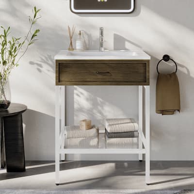 Ansel Freestanding Bathroom Vanity with Single Sink, One Glass Shelf, Metal Legs