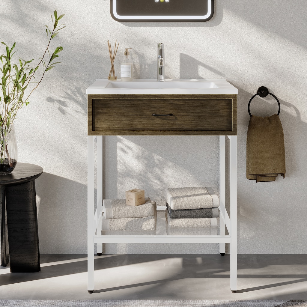 Ansel Freestanding Bathroom Vanity with Single Sink, One Glass Shelf, Metal Legs