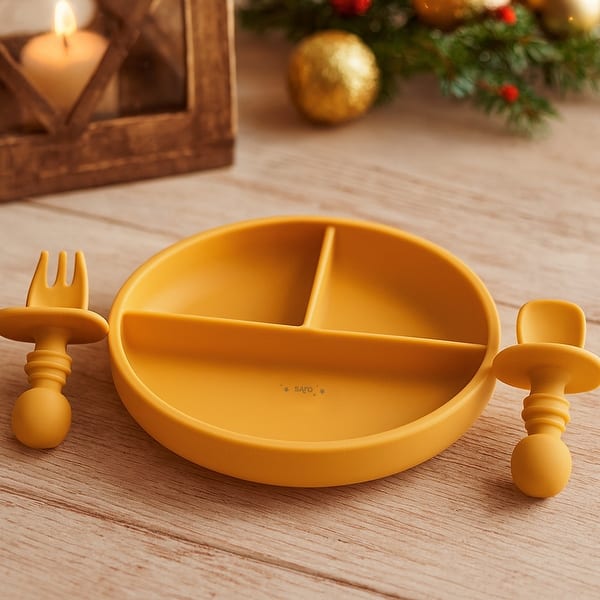 slide 2 of 8, 3 Compartment Plate with Anti Choke Training Utensils