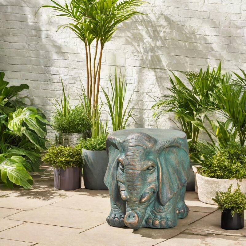 Roomfitters Elephant Garden Stool, Weather-Resistant Lightweight Concrete Decorative Accent Table, Bronze