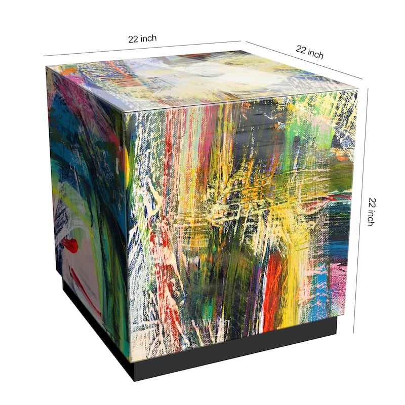 "Graffiti Rock Star II" by Jodi Fuchs Reverse Printed Beveled Art Glass Side Table with Black Plinth Base - 22" x 22" x 22"