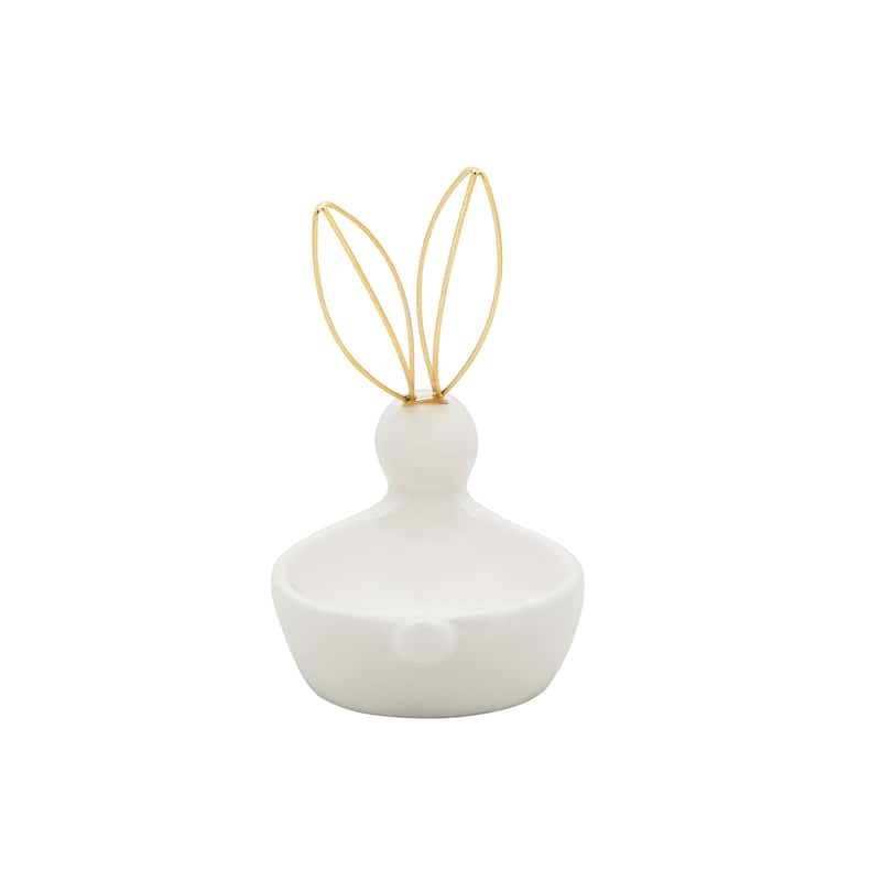 6" Ceramic Trinket Tray Bunny Rabbit Jewelry Holder in White with Gold Metal Ears Decorative Jewelry Storage Gift - 5" x 4" x 6"