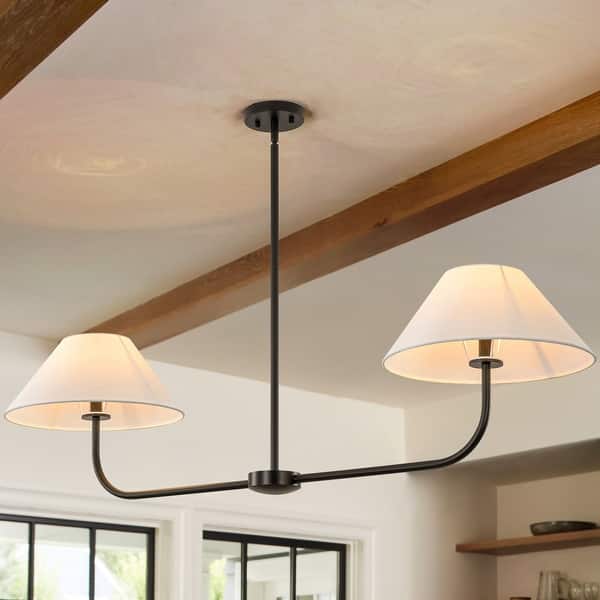 slide 2 of 16, 2-Light Modern Black/Gold Linear Fabric Cone Large Pendant Light for Kitchen Island Black