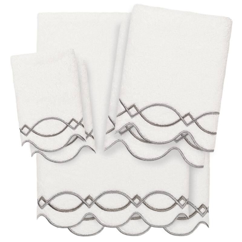 Authentic Hotel and Spa 100% Turkish Cotton DIAMOND CHAIN Scallop Embellished Towel Collection - White/Grey - 6 Piece Set