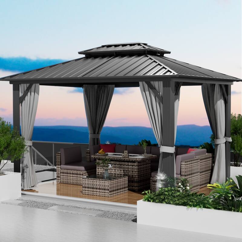 10'x12' Hardtop Gazebo, Aluminum Frame Canopy with Double Galvanized Steel Roof - Grey