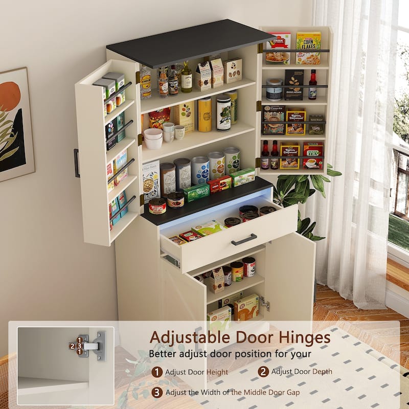 Modern Pantry Storage Cabinet with LED Lights, Drawer, 6 Shelves & 8 Door Racks - Wood Cabinet for Entryway or Office