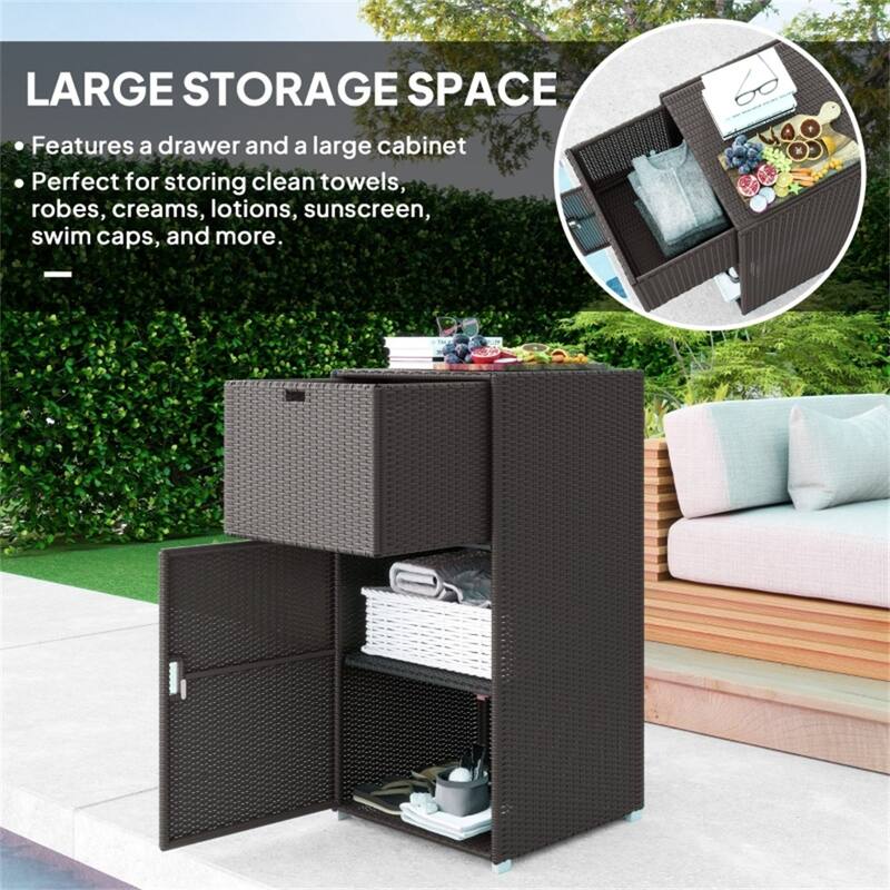Dark Brown Large Waterproof PE Wicker Outdoor Rattan Storage Cabinet with Drawer and Magnet-Sealed Doors