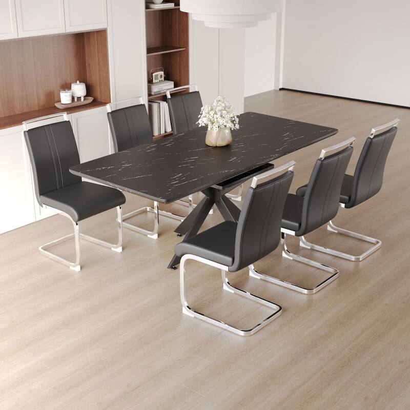 Modern Dining Set with Rectangular Extendable Large Table & C-shaped Tube Soft Padded Armless Chairs