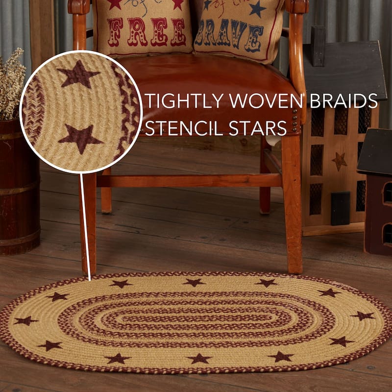Burgundy Tan Jute Rug Oval Stencil Stars w/ Pad 24x36 - 2' x 3' Oval