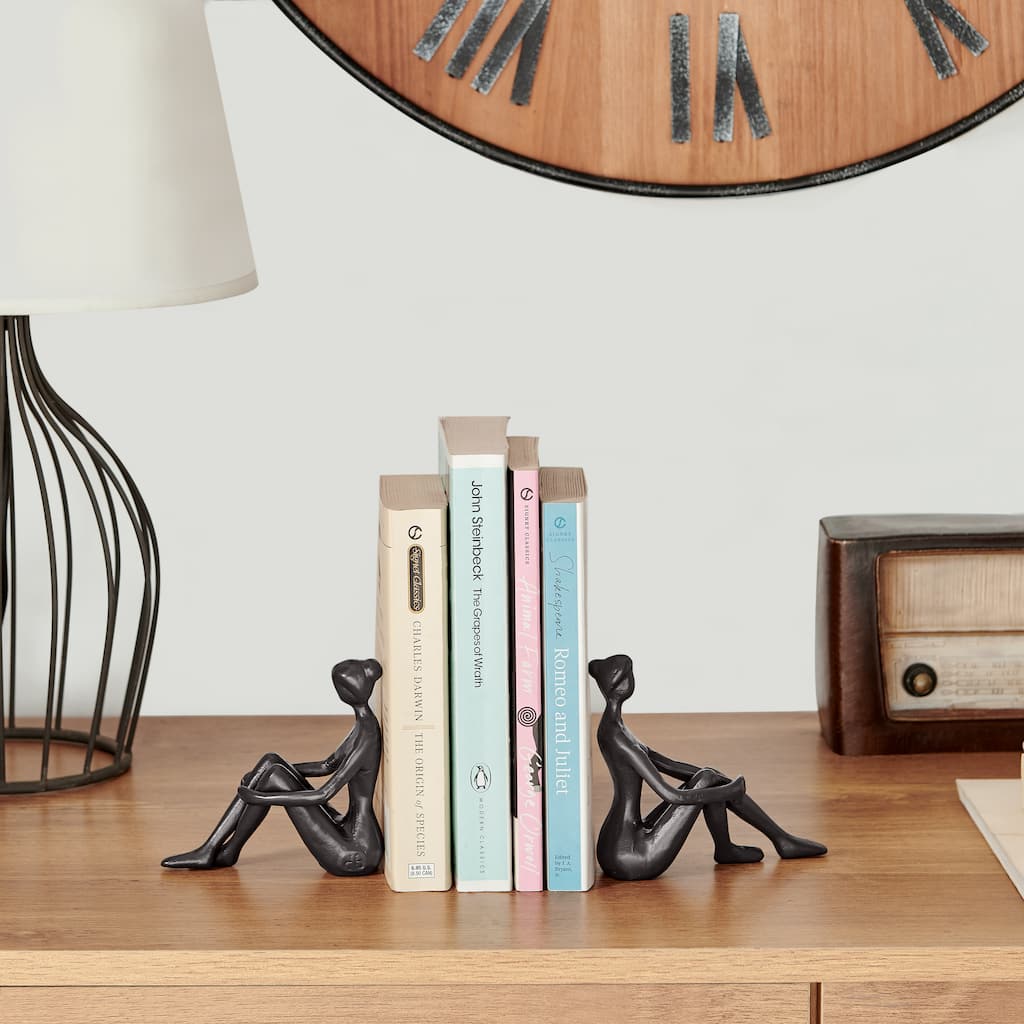 Brown Cast Iron Abstract Sitting Female Sculpture Pair Bookend Set of 2
