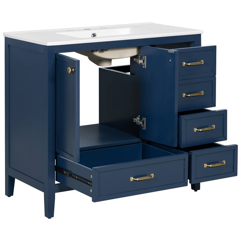36" Bathroom Vanity with Sink, Bathroom Cabinet with Soft-Closing Door, 4 Drawers of Different Sizes, Solid Wood Frame and Leg
