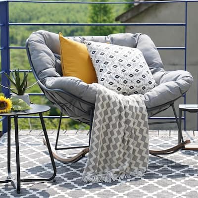 Cute Comfy Rocking Chair Outdoor Indoor, Modern Metal Lounge Rocker E-Coated Papasan Rocker Recliner Chair with Comfy Cushion