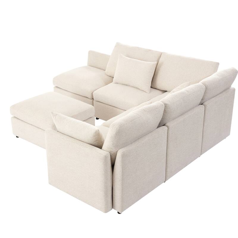 L-Shaped Modular Sectional Sofa Convertible U-Shaped Sofa Bed with Movable Ottoman and 2 USB Ports, 2 Pillows, Chenille 5 Seat