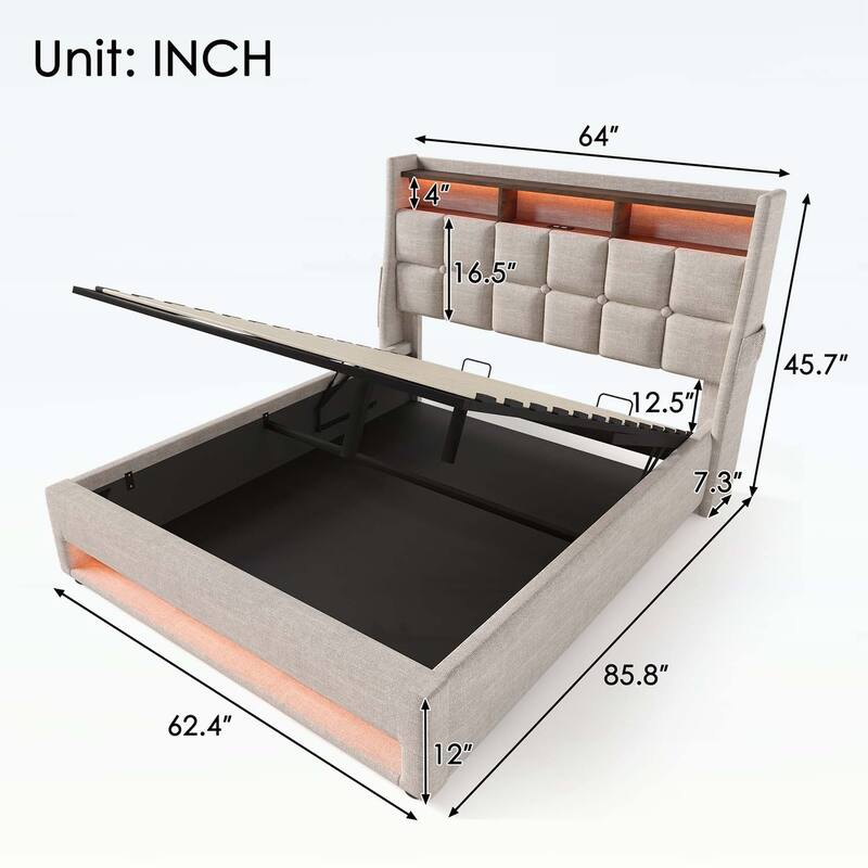 Vintage Design Platform Bed with Hydraulic Storage,LED, and USB Charging,(Mattress Not Included)