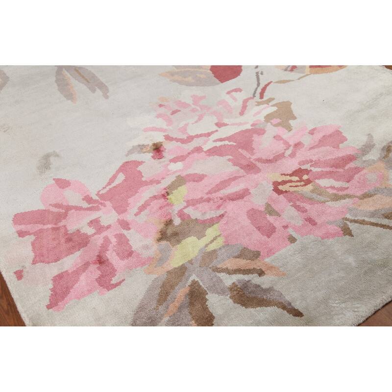 Handmade Flowers Wool & Silk Indian Area Rug - 6'3"x 9'0"