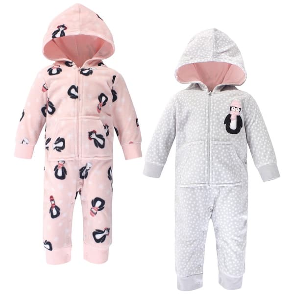 slide 1 of 1, Hudson Baby Infant Girl Fleece Jumpsuits, Coveralls, and Playsuits 2pk, Pink Penguin 0 - 3 Months - Grey/Pink