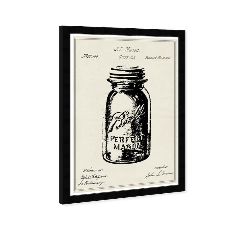 Wynwood Studio Prints Food and Cuisine Mason Glass Jar Patent 1 Black and Antique White Farmhouse Wall Art Canvas Print
