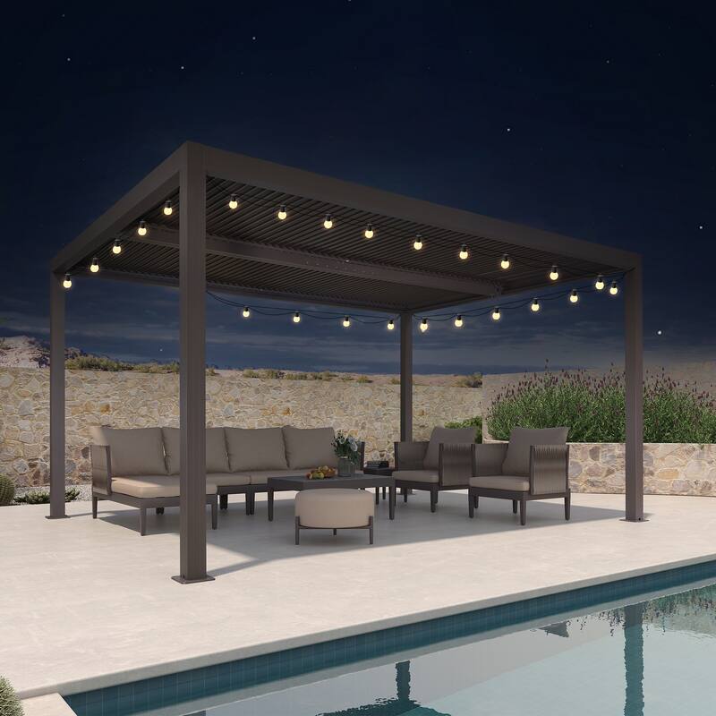 PURPLE LEAF Louvered Pergola with Solar Lights Hardtop Gazebo for Patio - 12' x 14' - Brown