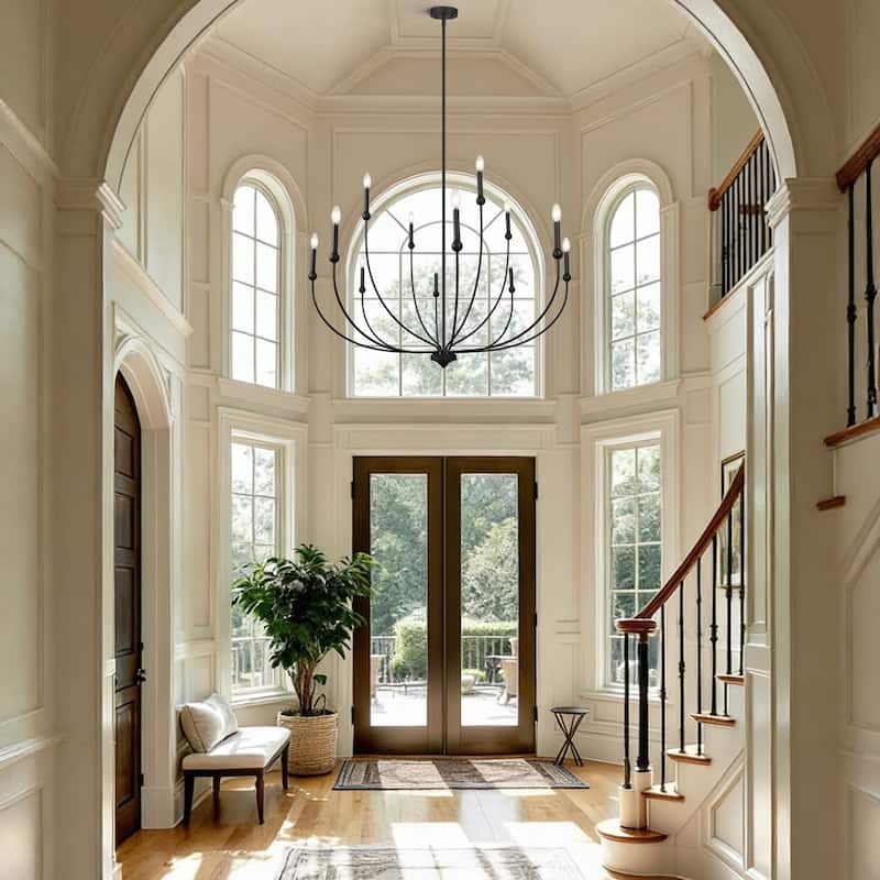 Oriea Modern Transitional 2-Tier 12-Light Black Wheel Chandelier for Large Living Dining Room Entryway - Dia. 48.8" x H 31.5"