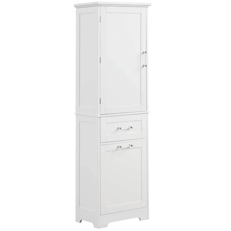 68" Tall Wood 1-door Bathroom Cabinet in White with Drawers and Adjustable Shelf