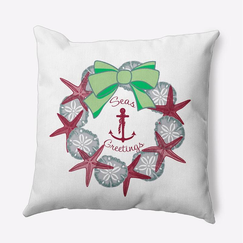 Seas and Greetings Wreath Beachy Christmas Indoor/Outdoor Christmas Throw Pillow - 16" x 16" - Maroon