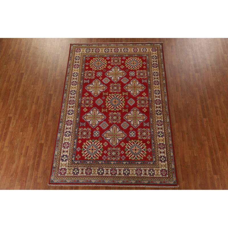 Traditional Geometric Red Kazak Oriental Wool Area Rug Hand-knotted - 6'7" x 9'9"