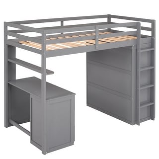 Muti-Functional Twin Size Loft Bed with Desk and Wardrobe, Solid Guardrails and Ladder