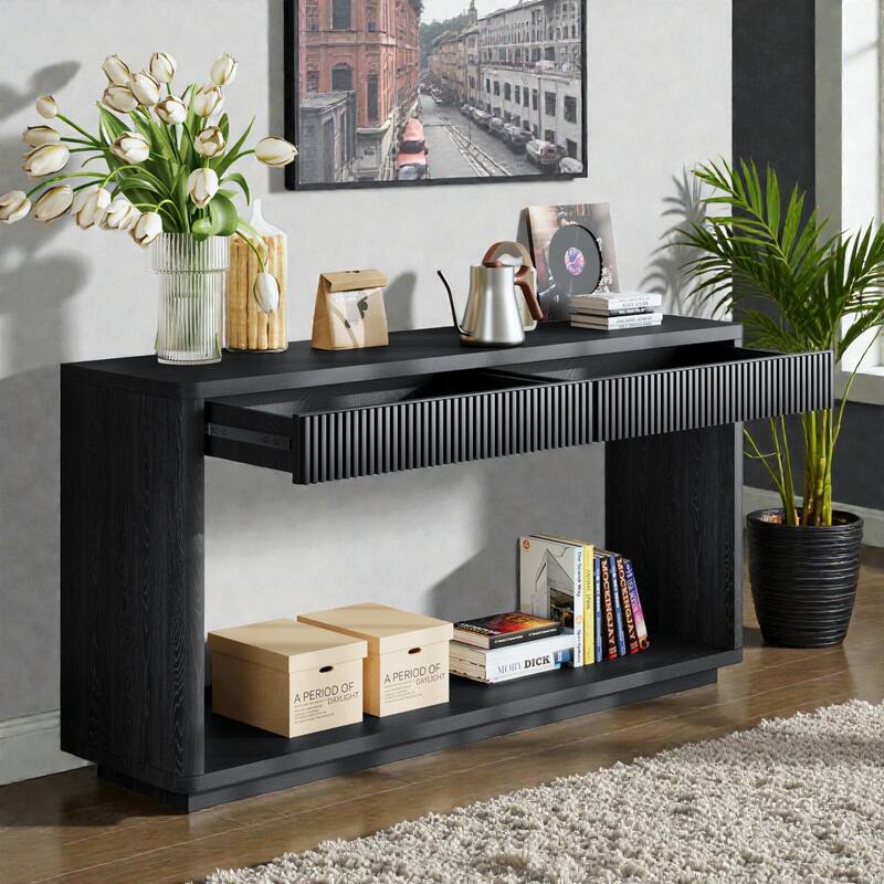 60" Modern Fluted Console Table with 2 Drawers, Natural Wood Veneer Sofa Table for Living Room Hallway Entryway