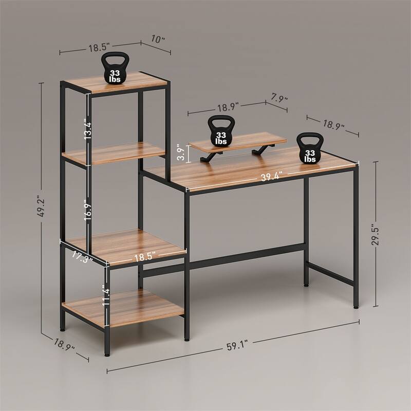 Computer Desk with Four Tier Adjustable Shelf and Monitor Stand Industrial Brown and Black Design Sturdy Home Office Workstation