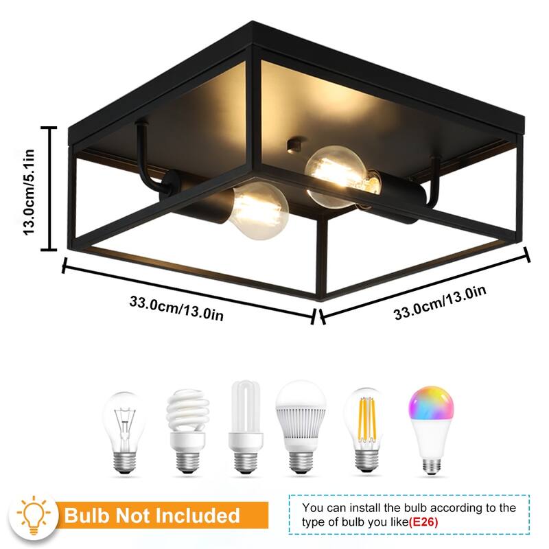 Depuley Industrial Metal Flush Mount Ceiling light Fixture,2 Light Heads 13-Inch Square Base&Frame