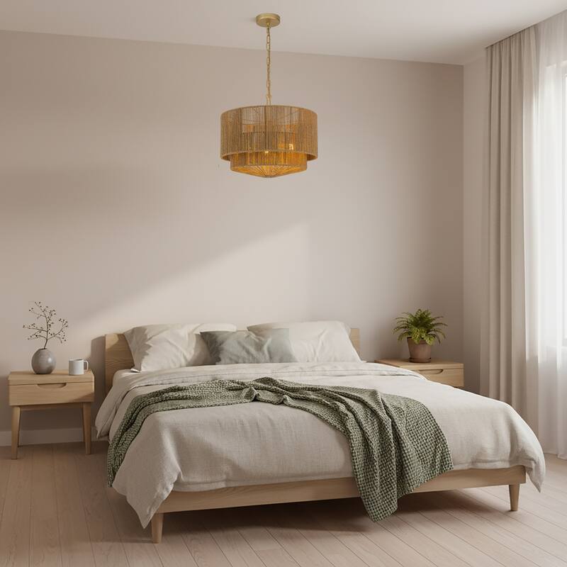 Armida 3-Light Rattan Rope Tiered Drum Pendant, Coastal Boho - Handwoven