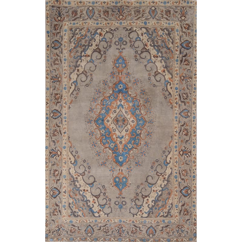 Distressed Tabriz Vintage Persian Rug Hand-Knotted Grey Wool Carpet - 6'6" x 9'7"