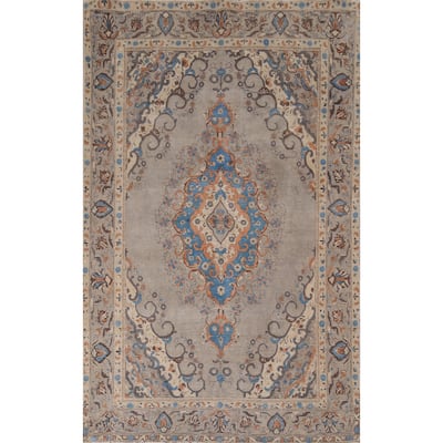 Distressed Tabriz Vintage Persian Rug Hand-Knotted Grey Wool Carpet - 6'6" x 9'7"
