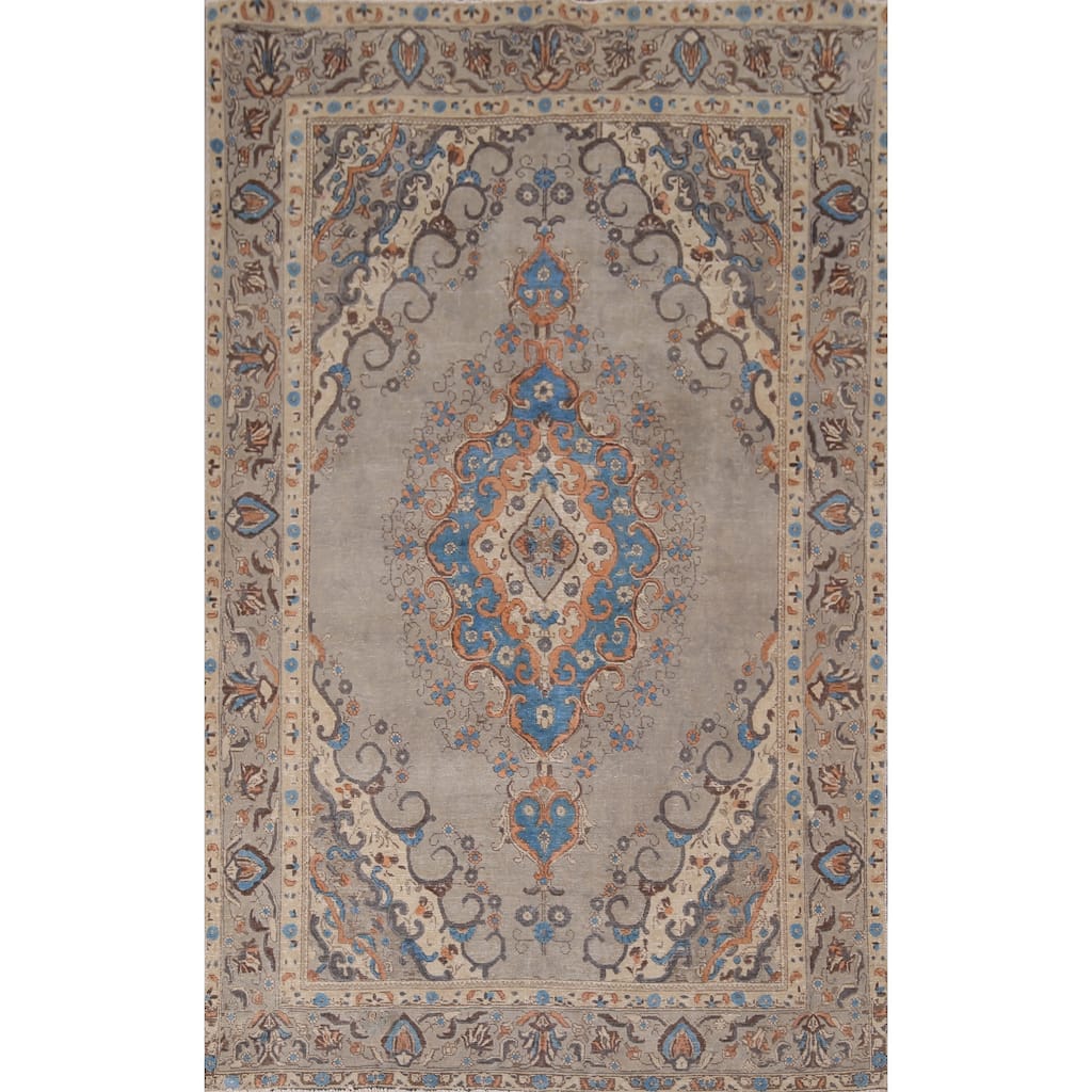 Distressed Tabriz Vintage Persian Rug Hand-Knotted Grey Wool Carpet - 6'6" x 9'7"