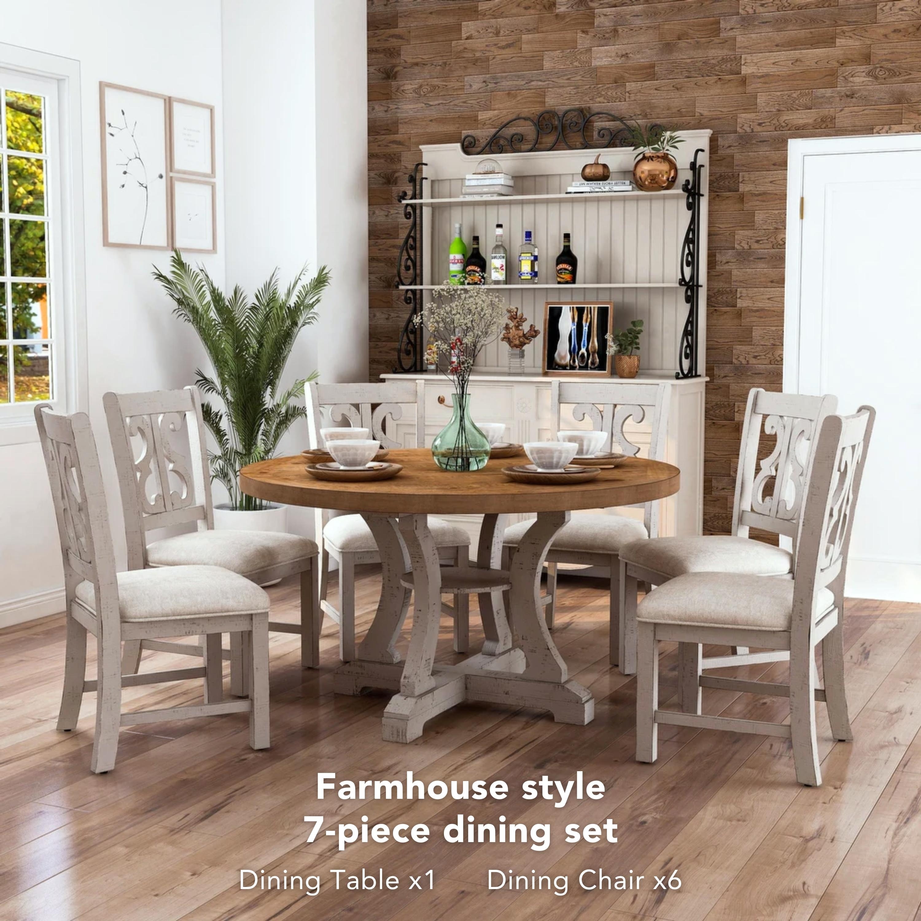 Sylmer Farmhouse White Solid Wood Round 7-Piece Dining Set by Furniture of  America